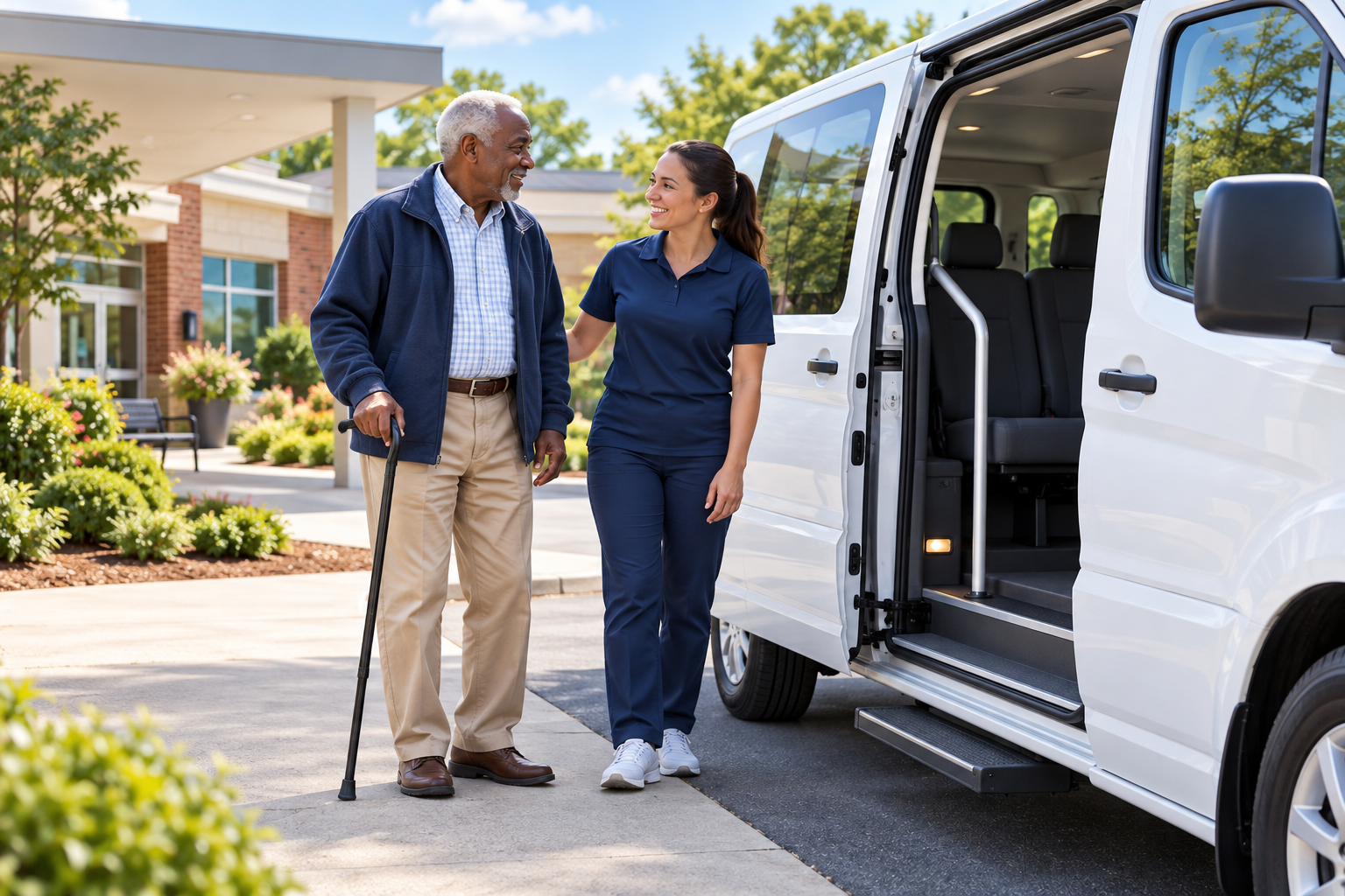 AI-generated illustration of an older passenger with a cane beside a passenger van