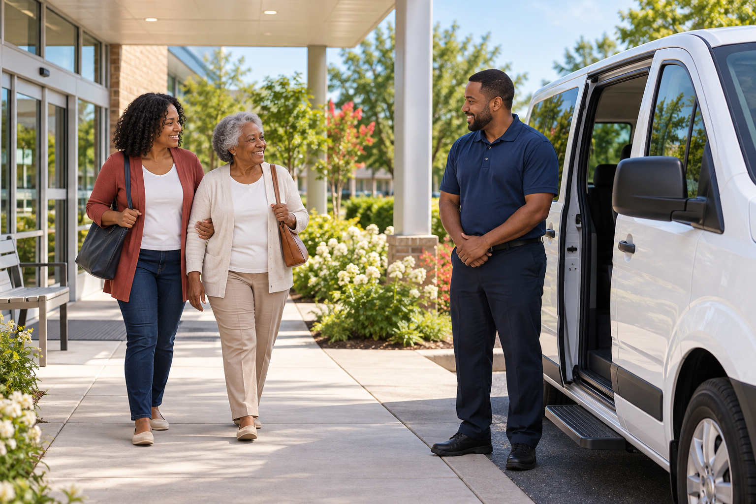 AI-generated illustration of a return pickup outside an appointment facility