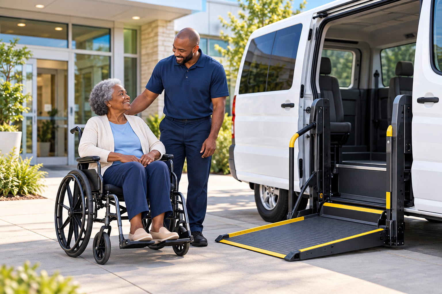 AI-generated illustration of a wheelchair passenger beside a van with a side-entry lift